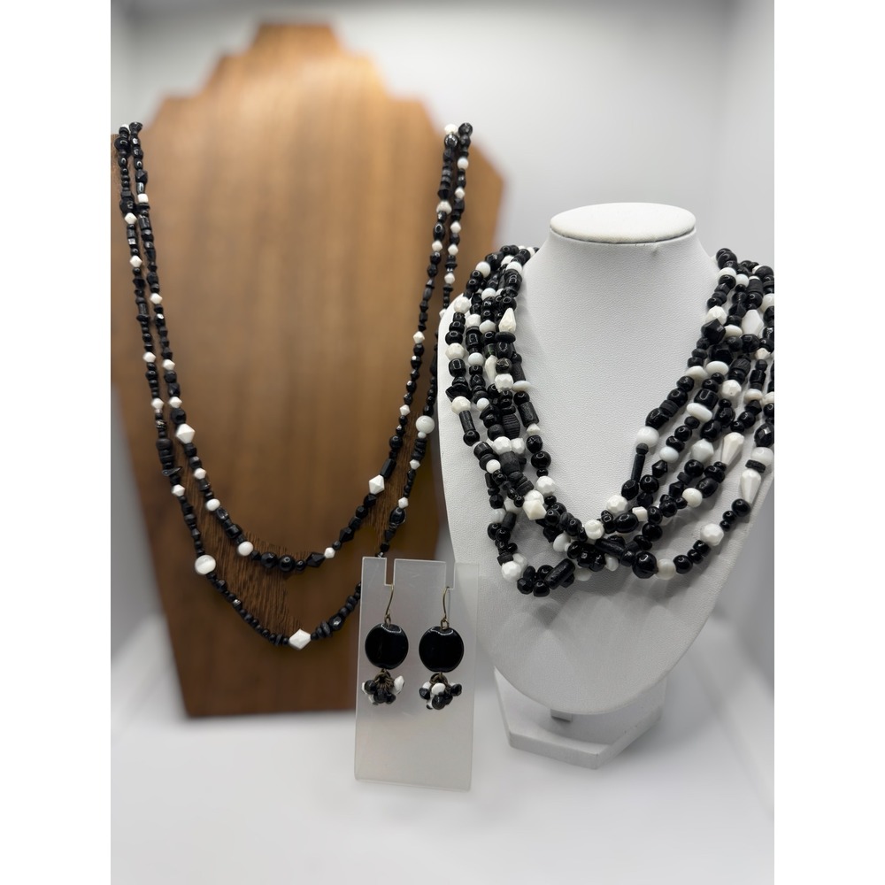 Black White Beaded Jewelry Set Multi Strand Long Necklace Drop Earrings Mod